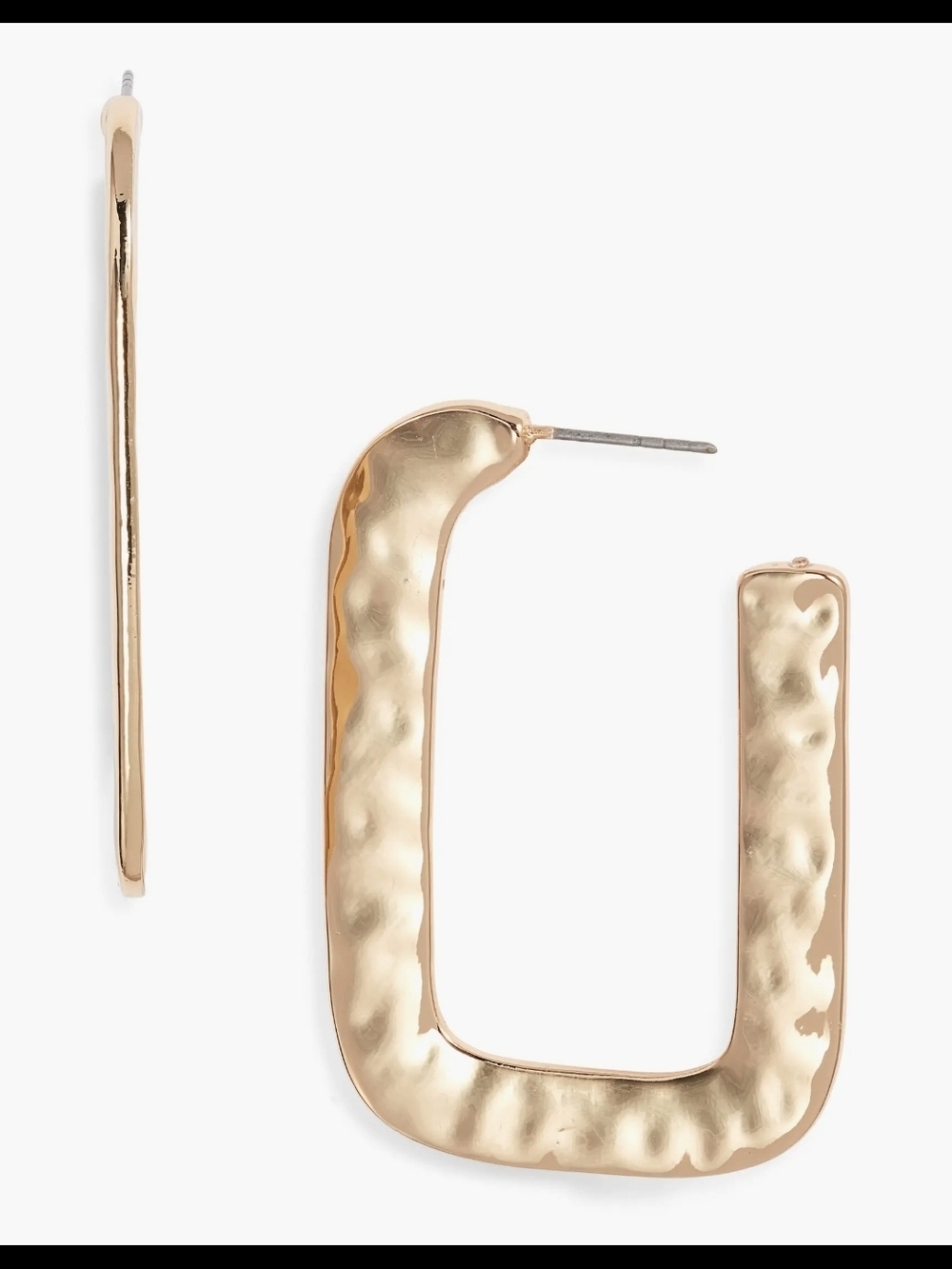 New‎ Open Edit Hammered Rectangular Hoop Earrings - Gold